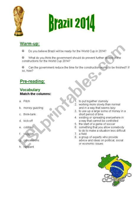 English Worksheets World Cup 2014 Brazil Quiz