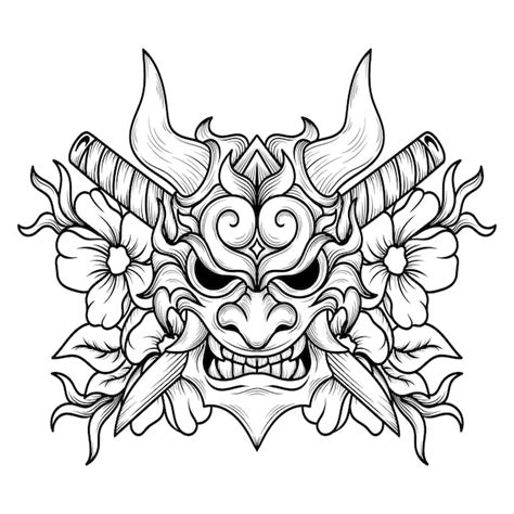 Diseño de tatuaje y camiseta máscara de hannya dibujada a mano en