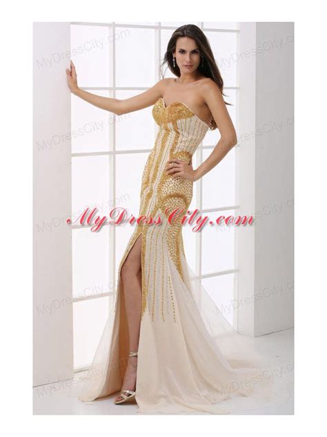 Sweetheart Column Champagne Beaded Decorate Prom Dress