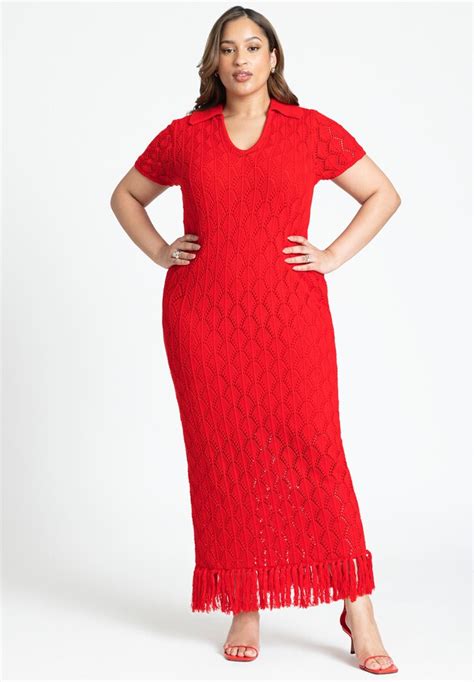 Crochet Maxi Dress With Fringe Intarsia Knit Hot Red Eloquii