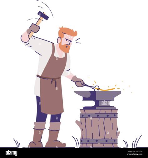 Medieval Blacksmith Flat Vector Illustration Smith Working With Hammer