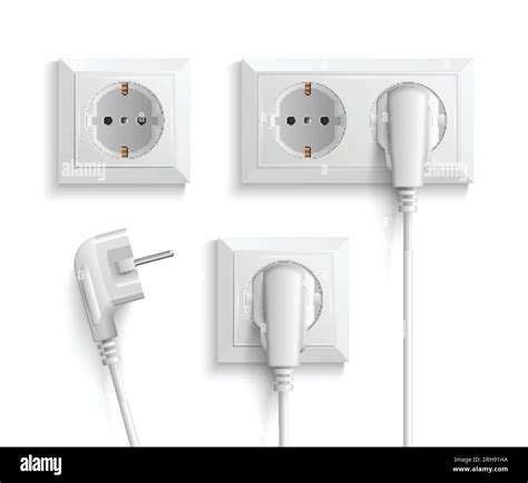 Realistic White Electric Wall Sockets With Plugs With One And Two