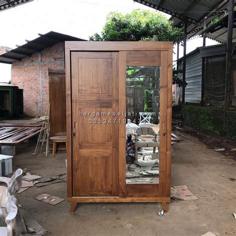 Almari Pakaian Pintu 3 Sliding Plus Cermin Kayu Jati Natural Minimalis