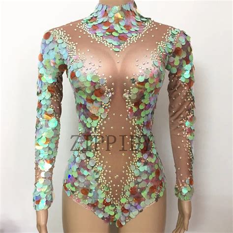 Mermaid Big Sequins Bodysuit Sexy Leggings Crystals Jumpsuit Party