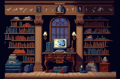 Premium Photo | Pixel art old library book library background in retro ...