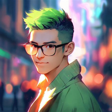 Premium Photo Anime Guy With Green Hair And Glasses In A City Street