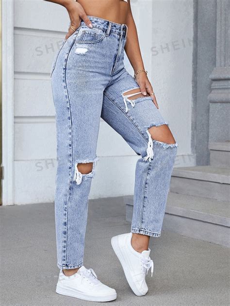 Shein Ezwear Womens Spring High Waist Ripped Cut Out Mom Fit Jeans