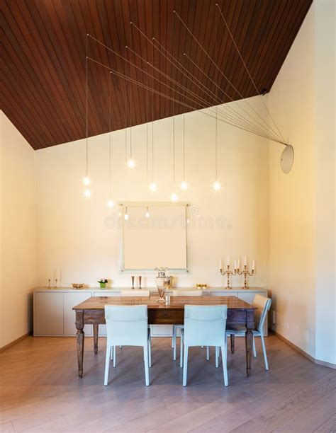 Front View Dining Room With Wooden Ceiling Stock Image Image Of Lamp