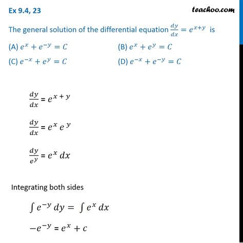 General Solution Of Dy Dx E X Y Is A E X E Y C [mcq Class 12]