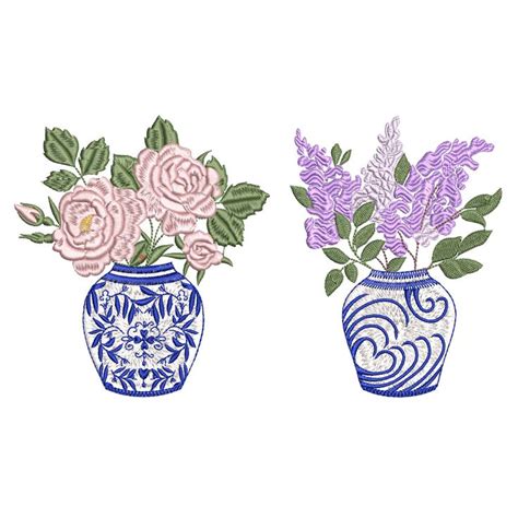 Chinoiserie Lilac And Peony Vase Machine Embroidery Design Set Blue