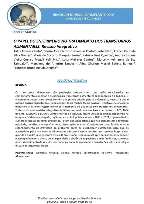 Pdf O Papel Do Enfermeiro No Tratamento Dos Transtornos Alimentares