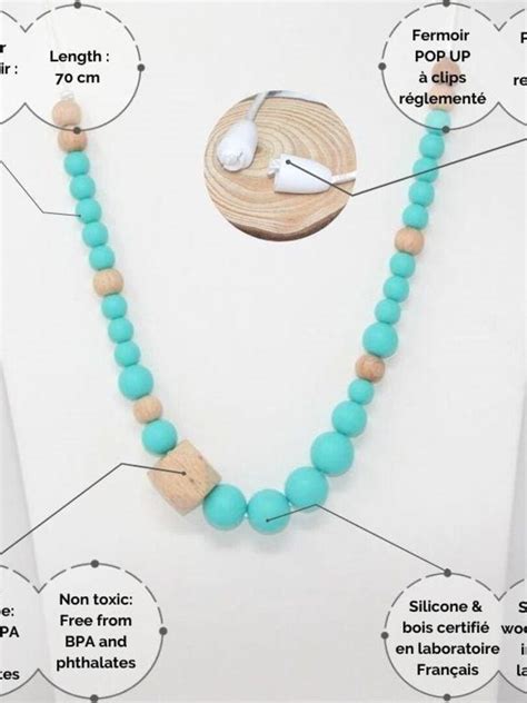 Collier D Allaitement Ou De Portage En Silicone Turquoise Et Bois