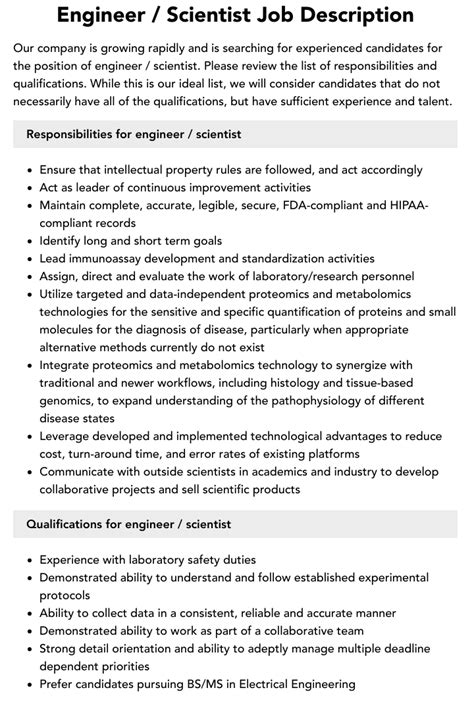 Engineer Scientist Job Description Velvet Jobs