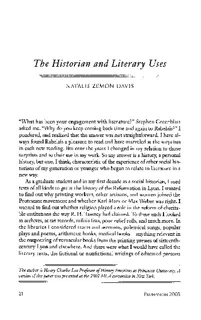 (PDF) Natalie Zemon Davis, “The Historian and Literary Uses ...