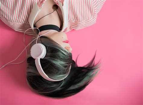 Free Images : woman, hair, headphone, clothing, ear, pink, hairstyle ...