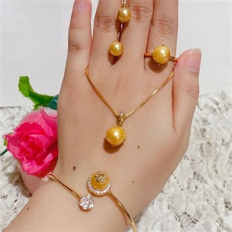 Jual Set Perhiasan Wanita Permata Mutiara Kuning Lapis Emas Impor Awet