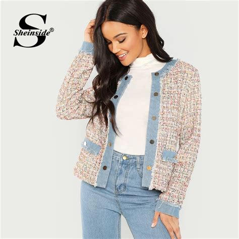 Sheinside Denim Trim Button Up Tweed Jacket Women Coat 2018 Autumn