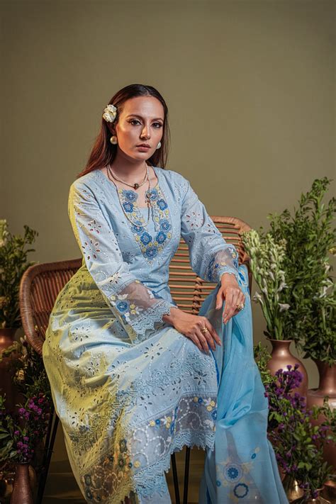 Blue Embroidered Pure Cotton Kurta Set With Dupatta Heeposh