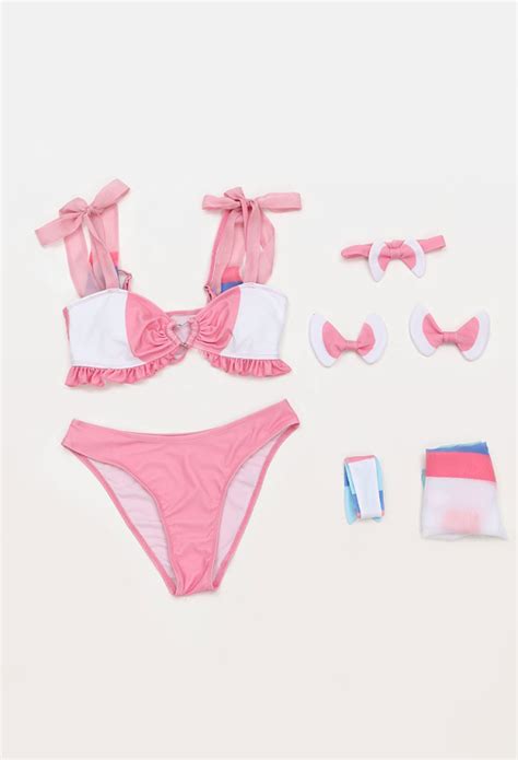 PM Derivative Swimsuit Kawaii Pink Ruffle Bikini Set Lace Up Top And