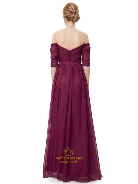 Burgundy Off The Shoulder Chiffon Ruched Prom Dress With Half Sleeves