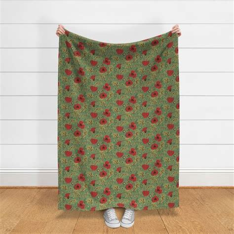 Medium Red Poppies And Peacock Feather Fabric Spoonflower