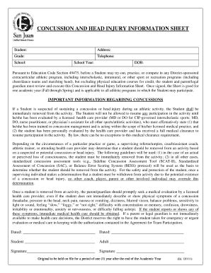 Fillable Online CONCUSSION HEAD INJURY INFORMATION SHEET 2 Fax Email