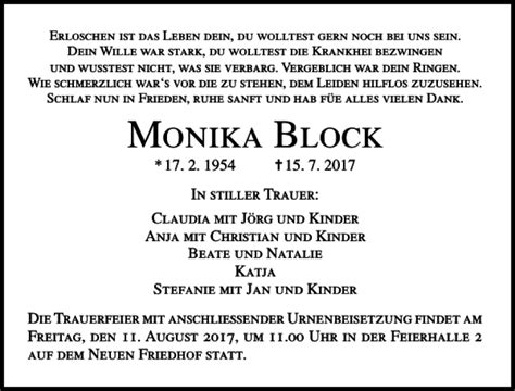 Traueranzeigen Von Monika Block Trauer Anzeigen De