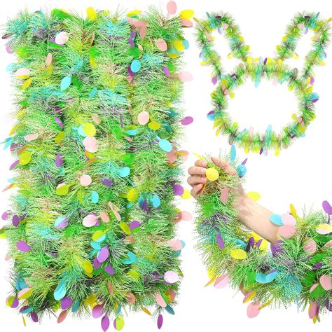 79 Inch Easter Tinsel Garland Colorful Easter Egg Metallic Twist Tinsel