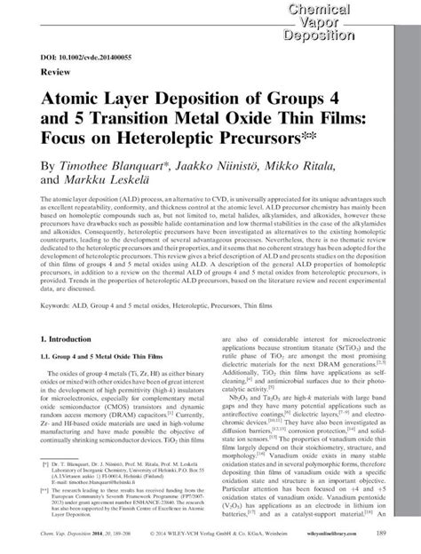 Pdf Atomic Layer Deposition Of Groups 4 And 5 Transition Metal Oxide Thin Films Focus On