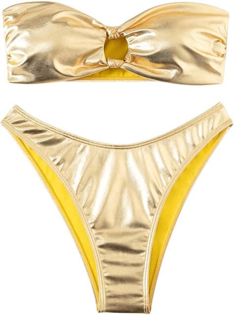 Amazon Beaudrm Women S Metallic Strapless Bandeau Bikini Swimsuits