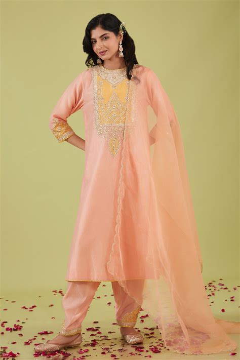 Buy Pink Chanderi Embroidery Gota Round Gulbahar Nakshi Yoke Kurta Set