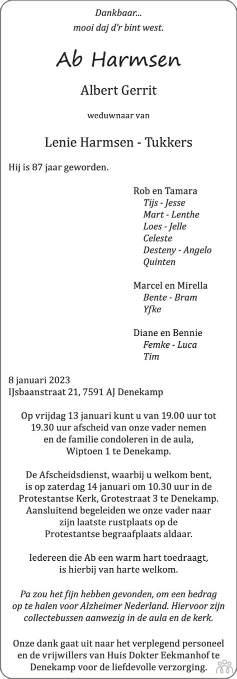 Ab Albert Gerrit Harmsen 08 01 2023 Overlijdensbericht En