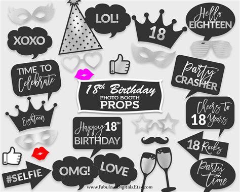 18th Birthday Photo Booth Props Eighteenth Party Props Black And Silver Foil Printable Pdf