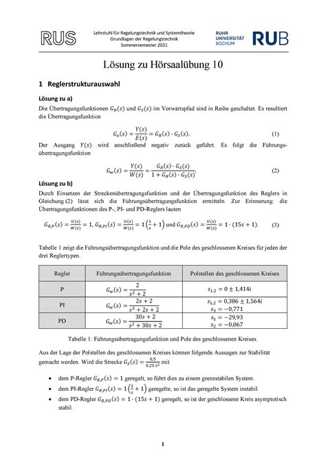 Hoersaaluebung Loesungen Lehrstuhl F R Regelungstechnik Und