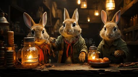 A Painting Of Rabbits Eating Food At A Table With A Lantern And A