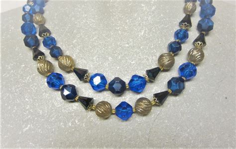 Blue Bead Necklace Germany 40s Blue Gold Multi Strand Royal Etsy