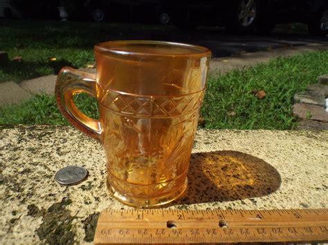 Antique Dugan Marigold Carnival Glass Stork And Rushes Lattice Band Glass Mug Etsy