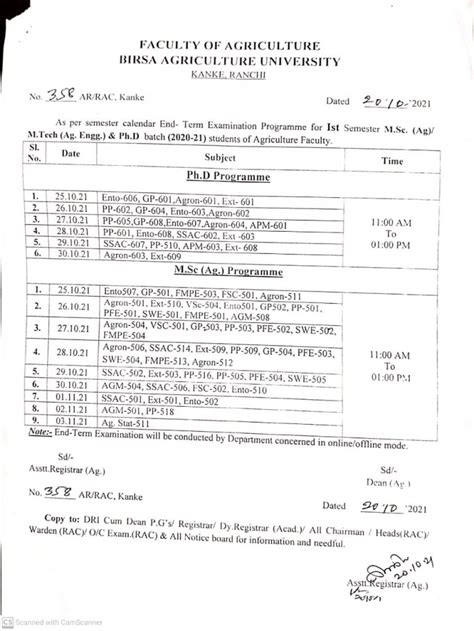 End Term Examination Programme For First Semester M Sc Ag M Tech