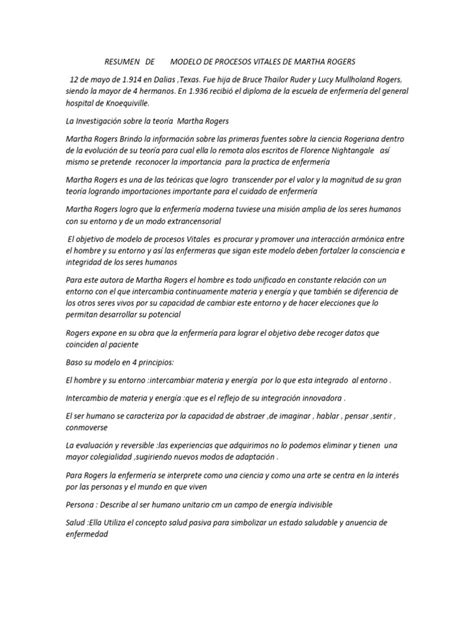 Resumen De Martha Rogers Pdf Enfermería Ciencia Cognitiva