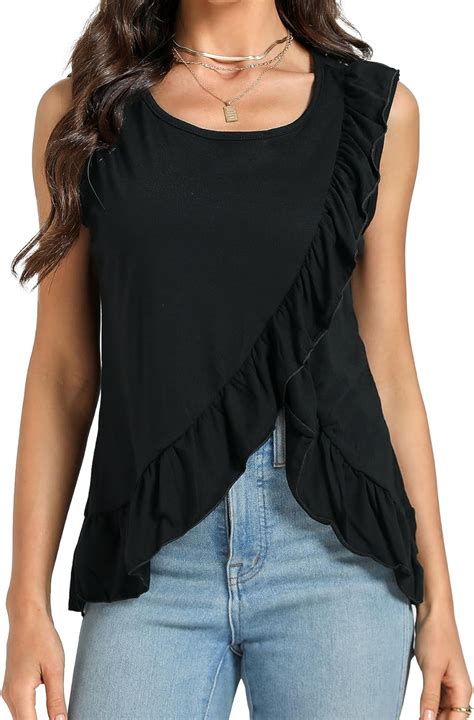 Vrtige Women S Casual Crewneck Sleeveless Ruffle Trim Asymmetrical Hem