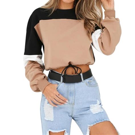 Laamei Patchwork Tshirts Women Drawstring Loose O Neck Tee Shirts