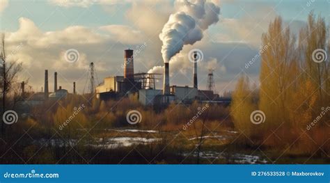 Industry Metallurgical Pipe And Heavy Smoke Causing Air Pollution On