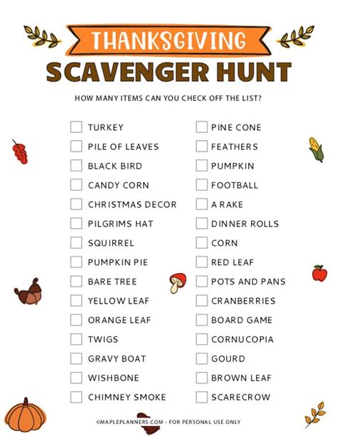 Thanksgiving Scavenger Hunt Game Printable