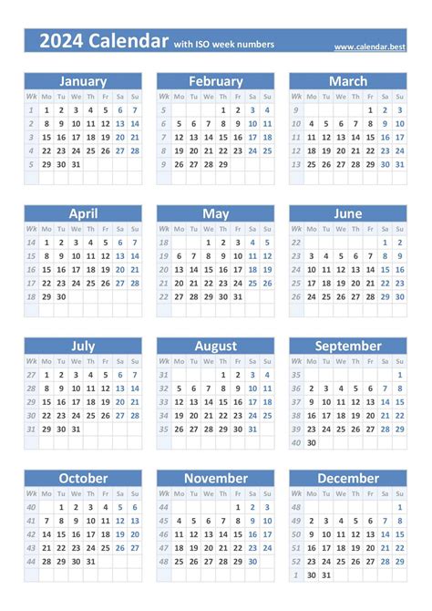 2024 Calendar With Week Numbers Printable Free Calendar Nanny Blakeley