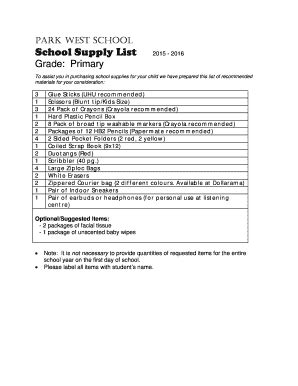 Fillable Online Parkwest Ednet Ns Primary Supplies Park West School