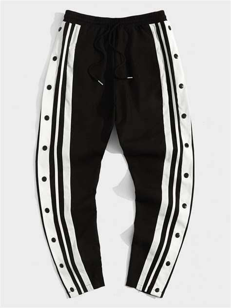 Men Striped Side Button Drawstring Waist Pants