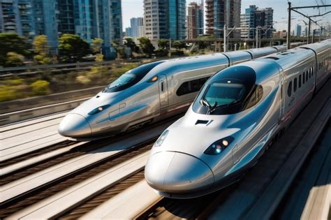 Premium Photo Bullet Train Speeding On Tracks With Mountains