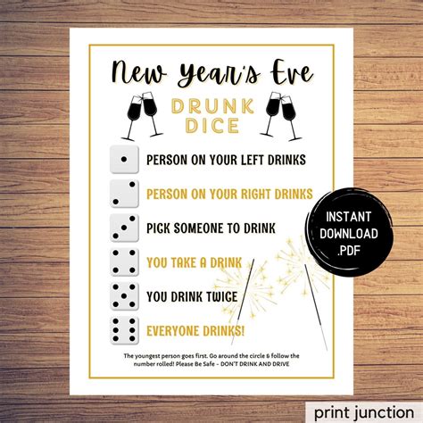 New Years Eve Drunk Dice Drinking Game New Years Games Holiday Party Games Adult Party Games