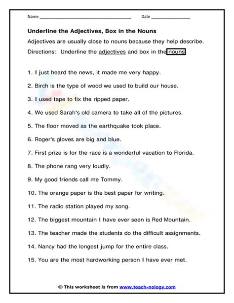 Underline The Adjectives Box In The Nouns Worksheet