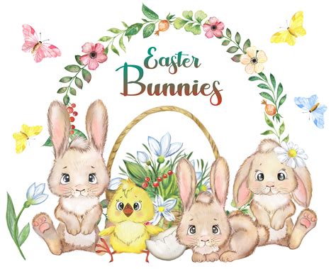 Watercolor Easter Bunny Clip Art Baby Happy Easter Set Flower Clipart